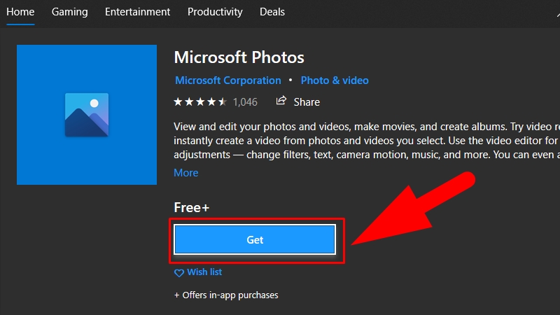 Nhấn Get để cài ứng dụng Microsoft Photos